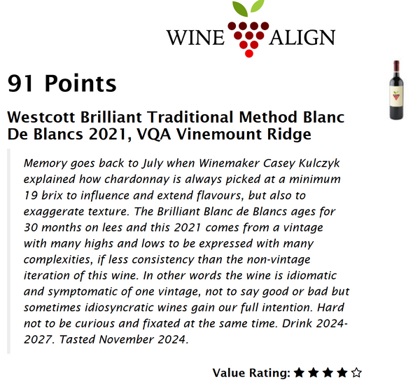 "91 Points Westcott Brilliant Traditional Method Blanc de Blancs 2021, VQA Vinemount Ridge. Memory goes back to July when Winemaker Casey Kulczyk explained how chardonnay is always picked at a minimum 19 brix to influence and extend flavours, but also to exaggerate texture. The Brilliant Blanc de Blancs ages for 30 months on lees and this 2021 comes from a vintage with many highs and lows to be expressed with many complexities, if less consistency that the non-vintage iteration of this wine. 4 stars."