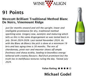 "91 Points. Just for months onward and still the upright, linear and intelligible prominence for dry, traditional method sparkling wine. Gingery now, autolytic and maturing which tells us this is the same disgorgement as was tasted back in July. Drink 2024-2026. Last tasted Nov 2024. As with the Blanc de Blancs, the pick is done at a minimum 19 brix and lees aging is 30 months. The mix of chardonnay, pinot noir and meunier shows off ample freshness and sharp acidity, leading to boundless energy. 4 stars."