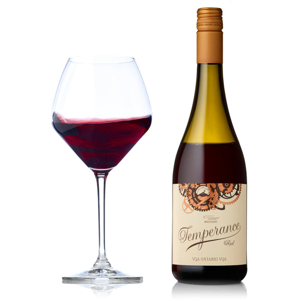 A bottle and glass of Westcott Vineyards' Temperance Red Wine Blend.
