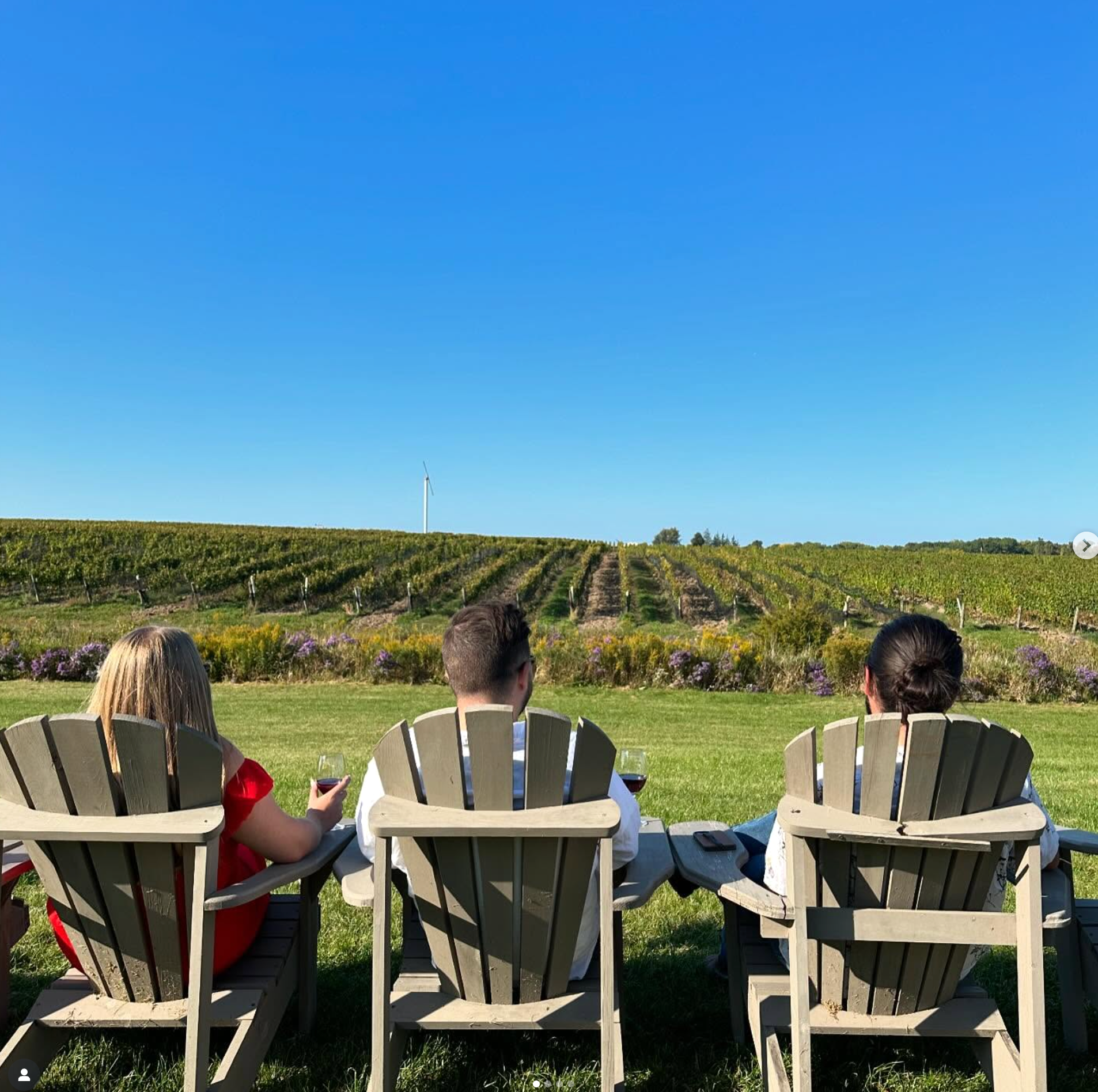 Wine club members sitting in Adirondack chairs, enjoying the view of the Westcott home farm vineyard.
